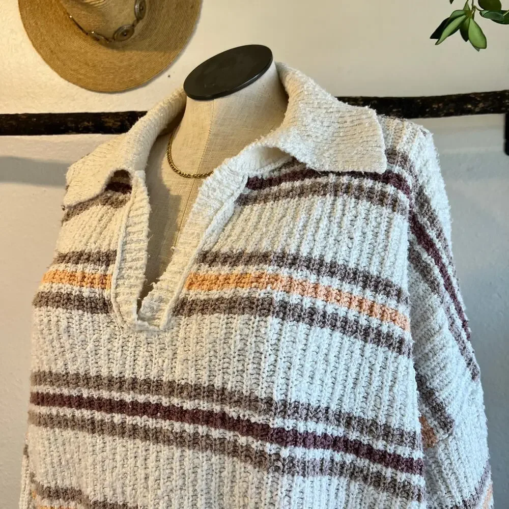Free People Kennedy Striped Collared Cropped Chunky Knit Sweater Size Large